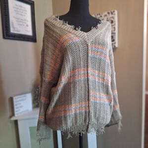 POL Distressed Striped Open Knit V Neck Sweater Size Large